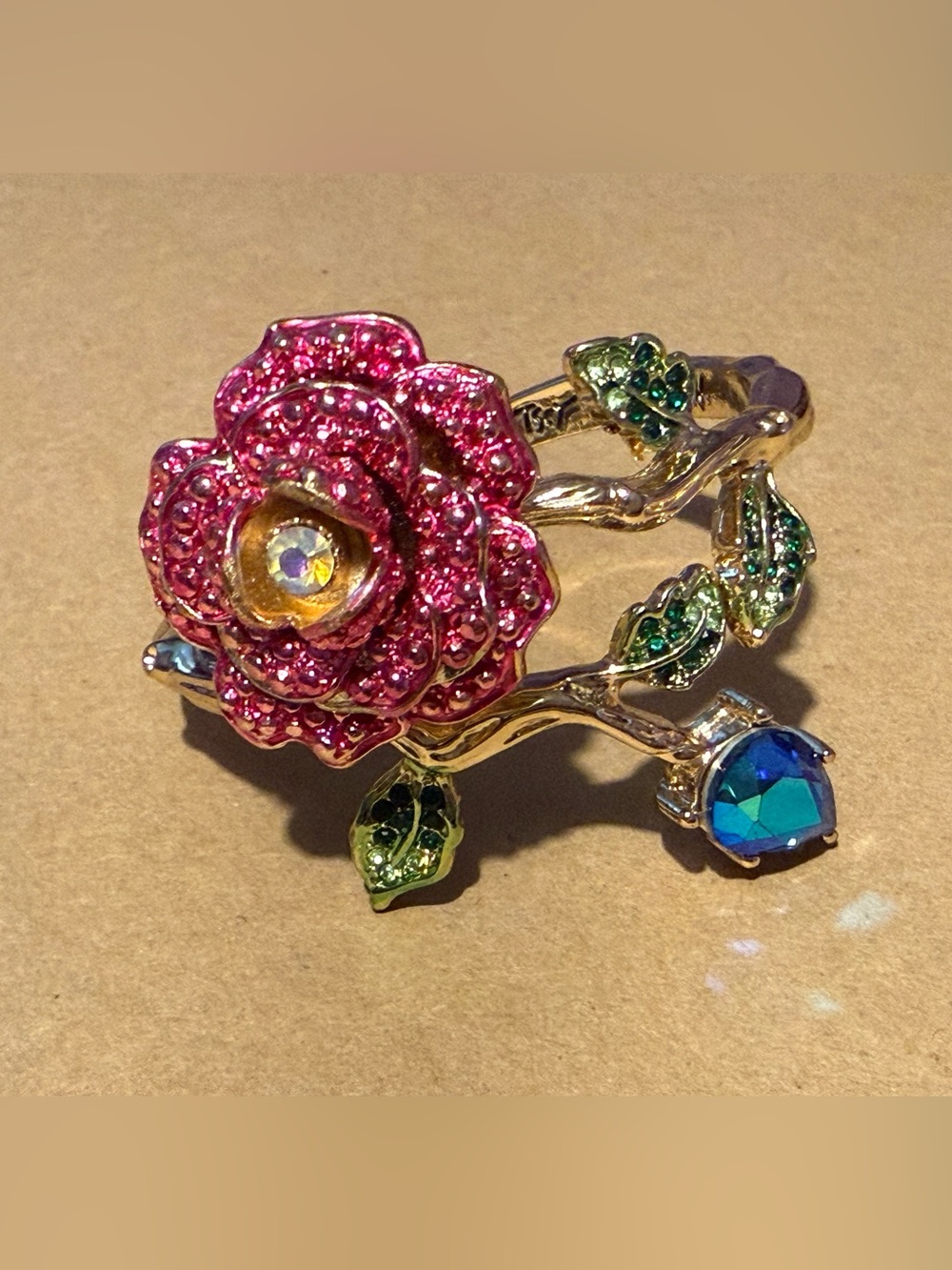 Floral Pink Betsey  Johnson  Rose Crystal Bracelet with Green Leaf Accents